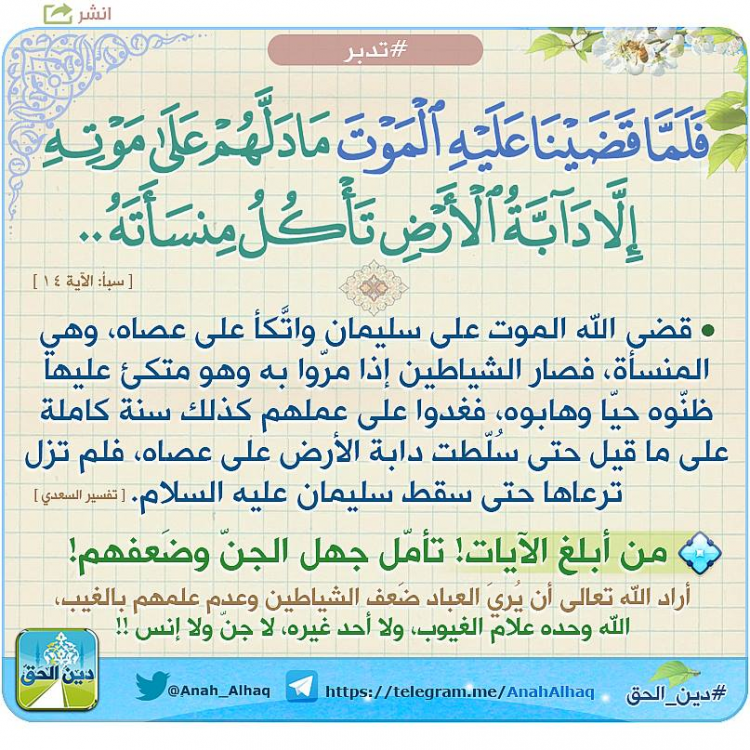 تفسير الشعراوى سبأ12-14 (وَلِسُلَيْمَانَ ٱلرِّيحَ غُدُوُّهَا شَهْرٌ وَرَوَاحُهَا شَهْرٌ ,,) image.thumb.png.3f52